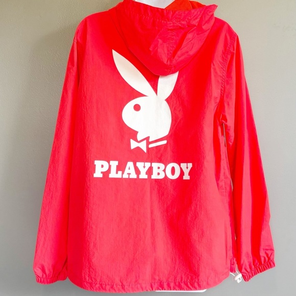 PLAYBOY by PAC Sun Pullover Hooded Windbreaker Neon Pink Orange Men’s Small - Picture 2 of 9